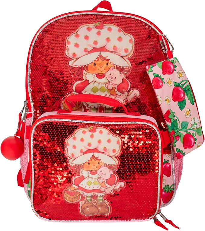 AI ACCESSORY INNOVATIONS Strawberry Shortcake 5 Piece Backpack Set, Flip Sequin Girls School Bag with Front Zip Pocket, 2 Side Mesh Pockets, Pink & Red