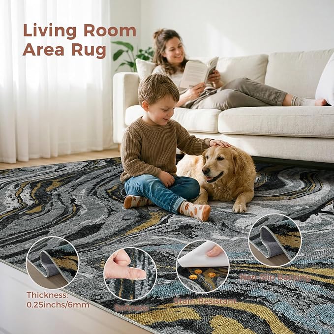 DMOYEST 9x12 Area Rug for Living Room - Washable Neutral Modern Abstract Rugs Soft Non-Slip Carpet Low Pile Indoor Floor Mat for Bedroom & Dining Room Decor for Families with Kids and Pet-Black Golden