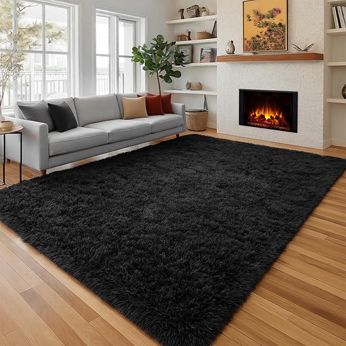 PAGISOFE 4x6 Fluffy Bedroom Rugs Black Modern Living Room Area Rug Fuzzy Shaggy Carpet Indoor Plush Nursery Rugs for Kids Room Furry Floor Rug for Boys Carpet for Teen Dorm Room Decor