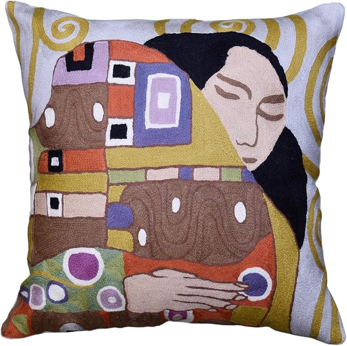 Klimt Embrace Modern Pillow Cover Art Nouveau Pillowcase Chair Cushion Contemporary Pillowsham Modern Outdoor Pillows Mid Century Chair Cushions Hand Embroidered Wool Size 18x18