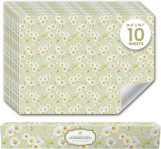 Chamomile Scented Drawer Liners for Dresser Drawers (10 Large Sheets, 19.7" x 14.4") - Non Adhesive Drawer Paper Liner for Bedroom Dresser & Closet Shelves by Linda’s Essentials