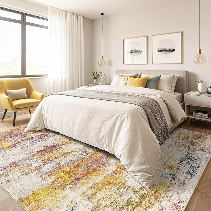 LOONGRUG 8X10 Area Rugs Living Room: Washable Large Abstract Soft Stain Resistant Indoor Floor Rugs Non Slip Accent Carpet for Bedroom Nursery Playroom Office Dining Room Dorm & Home- Gold Colorful