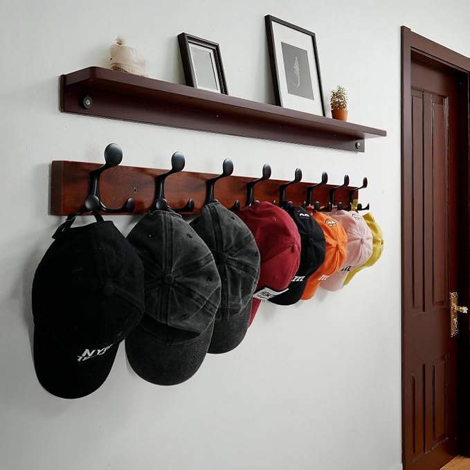 WEBI Coat Rack Wall Mount,36" Solid Wood Coat Hooks Wall Mounted Coat Hanger,16" Hole to Hole,Heavy Duty Hook Rack Rail,6 Triple Hooks for Hanging Coats,Jacket,Clothes,Hat,Backpack,Cherry,2 Packs