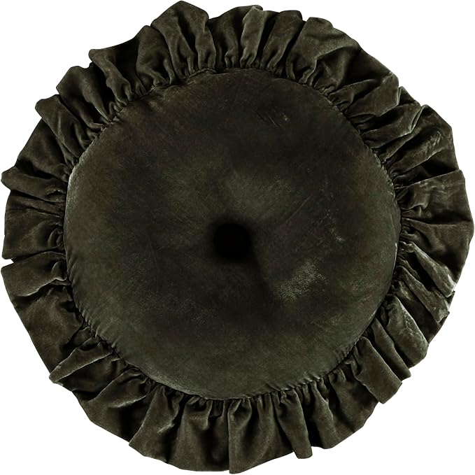 HiEnd Accents Stella Faux Silk Velvet Round Ruffled Pillow, Fern Green, Romantic Western Modern Traditional Style Luxury Bedding, Decorative Throw Pillow