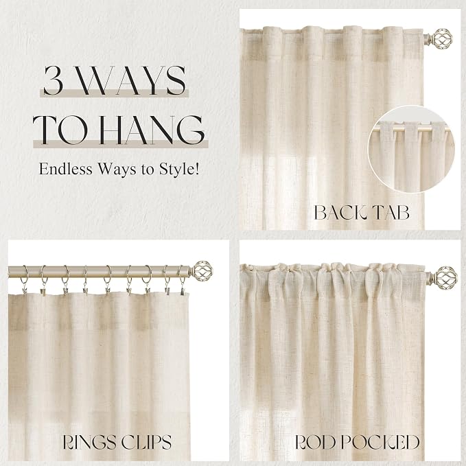 Jowels Cream Linen Curtains 86 Inch Long 2 Panels for Living Room | Beige Flax Light Filtering Sheer Curtain,Back Tab Pocket Pleated Look,Farmhouse Textured Privacy Drapes for Bedroom Window