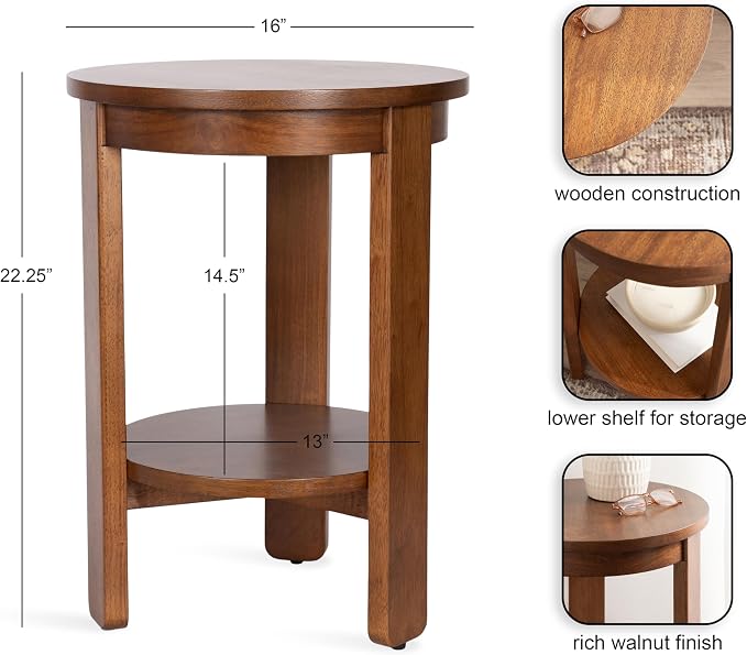 Kate and Laurel Foxford Tiered Round Side Table, 16 x 16 x 23, Walnut Brown, Transitional Two-Tier Circle Nightstand Table with Storage and Resilient Wood Construction for Bedroom Decor