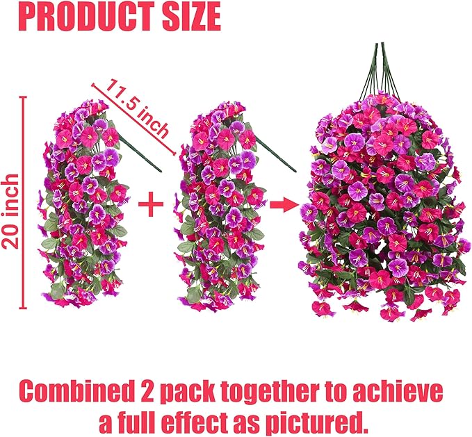 Artificial Fake Hanging Flowers Plants for Outdoor Outside Spring Summer Decoration 2PCS Faux Silk UV Resistant Realistic Morning Glory Trailing Vines for Home Porch Patio Balcony(Rose red & Magenta)