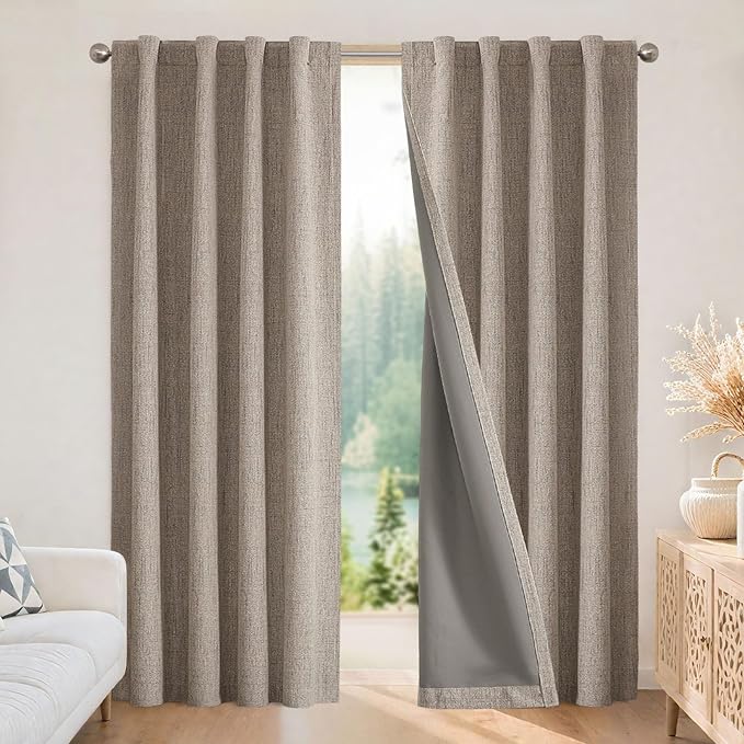 Joydeco Linen Blackout Curtains for Bedroom - 100% Light Blocking 1 Panels, Linen Drapes 70" W x 96" L, Thermal Insulated Room Darkening Curtains for Living Room, Rod Pocket & Back Tabs