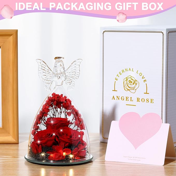 Mothers Day Rose Gifts for Women Preserved Real Flower in Glass Angel Figurines Roses for Delivery Prime Birthday Gifts for Mom Grandma Girlfriend Wife Her, Crystal Red