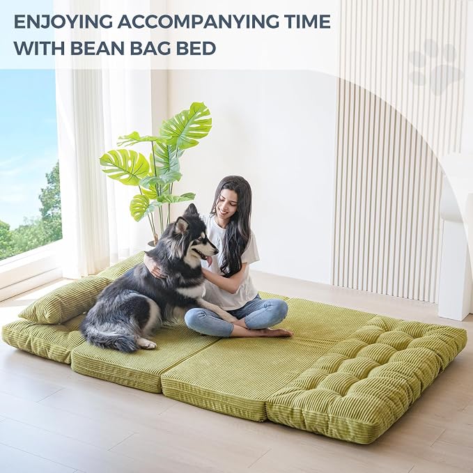 MAXYOYO Folding Sofa Bed, Tufted Bean Bag Bed with Pillows Floor Couch for Adults, Extra Thick and Long Floor Sofa, Full Floor Couch Bed for Bedroom Living Room, Green, 54x91 Inch