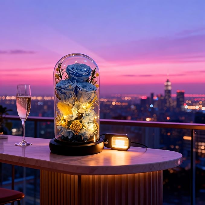 HipTree Preserved Blue Rose in Glass Dome with LED Lights - Forever Eternal Real Rose Gifts for Women, Valentines Day Mothers Day Birthday Wedding Anniversary for Mom Wife Girlfriend