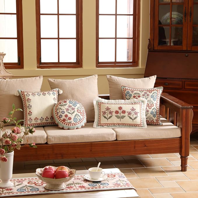 bilin gaier Round Linen Throw Pillow Cover,Set of 2,Diameter 16"-Lohi D | Designer Vintage Elegant Pillow Cover,Concealed Zipper,Colorful Floral Pattern,Sofa,Bedroom,Living Room,Lounge Chairs