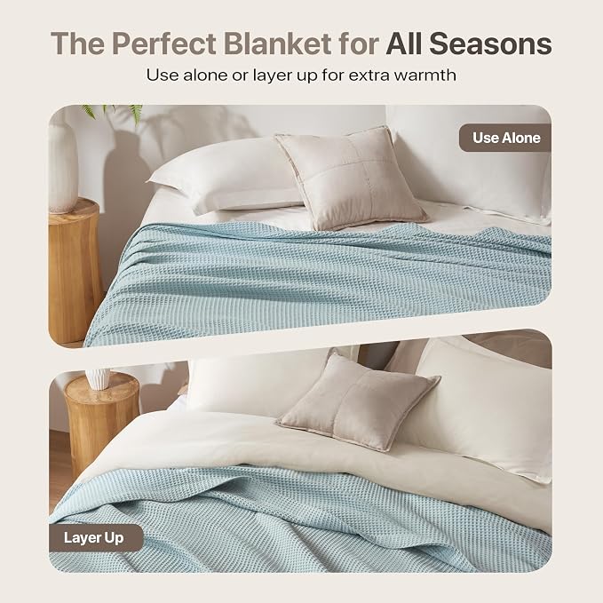 Madison Park 100% Cotton Blanket, Trendy Woven Waffle Weave Design, All Season, Lightweight, Breathable, Soft and Cozy Casual Summer Cover, for Bed, Couch and Sofa, Twin(66 in x 90 in), Aqua
