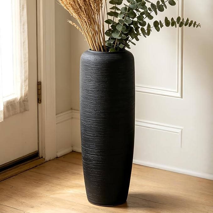 Black Rustic Ceramic Farmhouse Tall Floor Vase,23.6 Inch Vintage Large Vases Pottery Clay Terracotta Rustic Vase for Home Decor Living Room Entryway Table Centerpieces,Kitchen,Housewarming Gifts