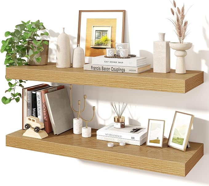 Axeman 32Inch Floating Shelves for Wall, 2 Pack Shelves for Bedroom, Bathroom, Kitchen, Hanging Wall Mounted Rustic Wood Shelf with Invisible Brackets for Books Decor, Oak
