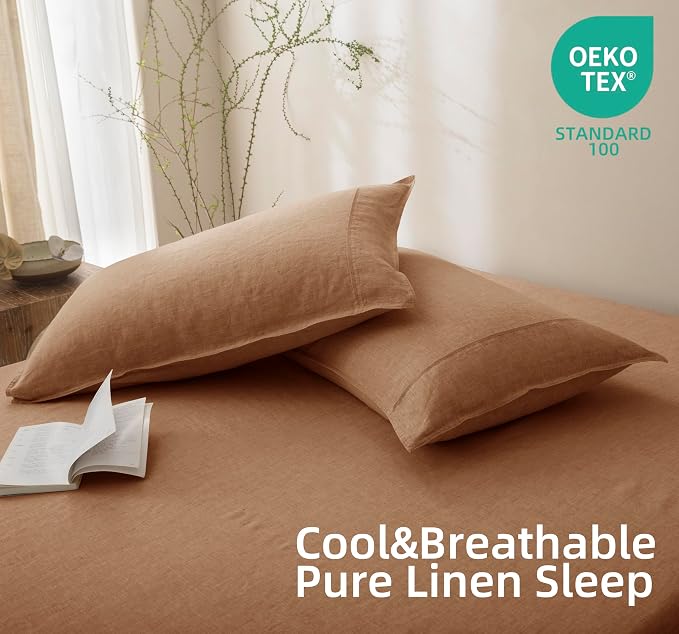 Talasily 100% French Linen Pillow Case Queen Size Set of 2,Oeko-TEX Certified Stone Washed Flax Pillow Shams with Envelope Closure - Breathable & Cooling for Hot Sleepers（Matcha Brown,20''x30''）