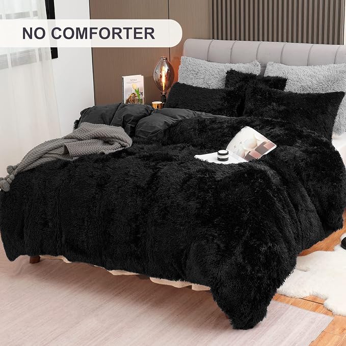 BLEUM CADE Fluffy Plush Black Duvet Cover Set, Luxury Ultra Soft Velvet Fuzzy Comforter Cover Bed Sets 4Pcs(1 Faux Fur Duvet Cover + 2 Pillow Cases + 1 Pillow Cover) Zipper Closure (Twin, Black)