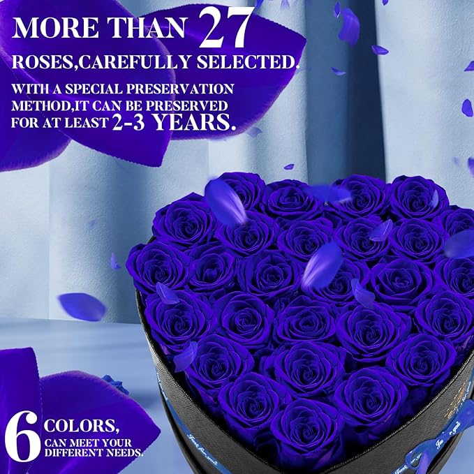 Impouo Preserved Rose in Heart Shape Box, 27 Forever Flowers, Eternal Roses, Birthday Gifts for Women, Wife, Her, Mother's Day, Blue