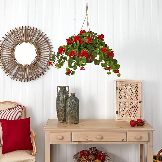 Nearly Natural 24in Artificial Geranium Hanging Basket Faux Floral Plant for Indoor Home Porch Decor, Red