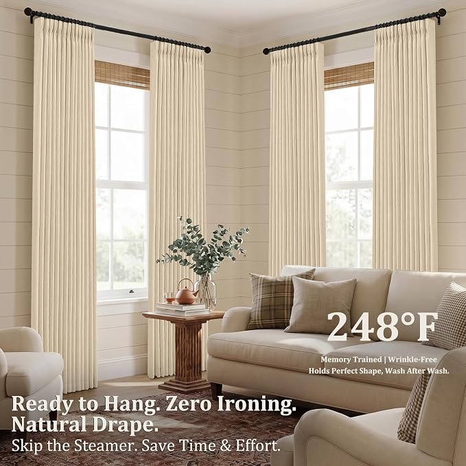 Pinch Pleated Linen Curtains 120 Inch, 2 Panels Premium 400GSM Memory Trained Semi Sheer Light Filtering Window Drapes for Living Room Bedroom Dining, Back Tab & Adjustable Hooks Rings, Light Oatmeal