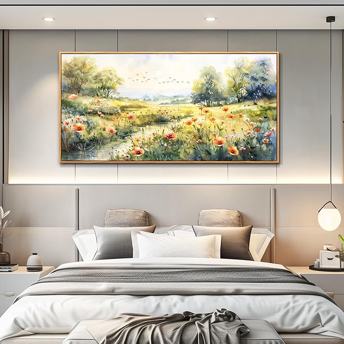 XIGUANGART Large Framed Wall Decor Canvas Wall Art for Living Room Wildflower Pastoral Scenery Paintings Meadow Abstract Pictures Rustic Floral Art Print for Bedroom, Office Modern Artwork Decorations