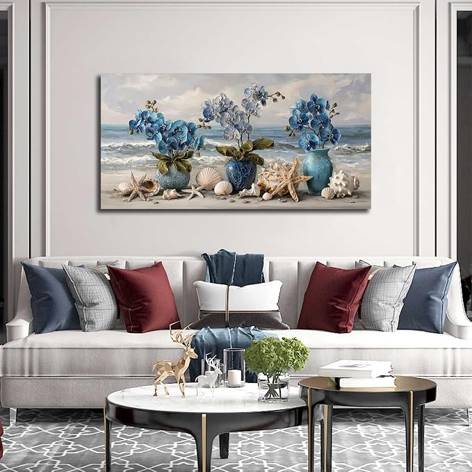 AOZEMI Large Beach Wall Art Blue Wall Decor Floral Canvas Art Coastal Seascape Ocean Pictures Flower Vase Poster Starfish Conch Shell Print Art for Bedroom Bathroom Living Room Office 24"x 48"