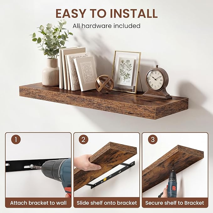 Dreamland 55 Inches Floating Shelves for Wall,9.3" Deep Long Floating Shelves Set of 1,Large Display & Storage Shelf,Wall Shelf for Bathroom Bedroom Living Room Kitchen Office,Rustic Brown