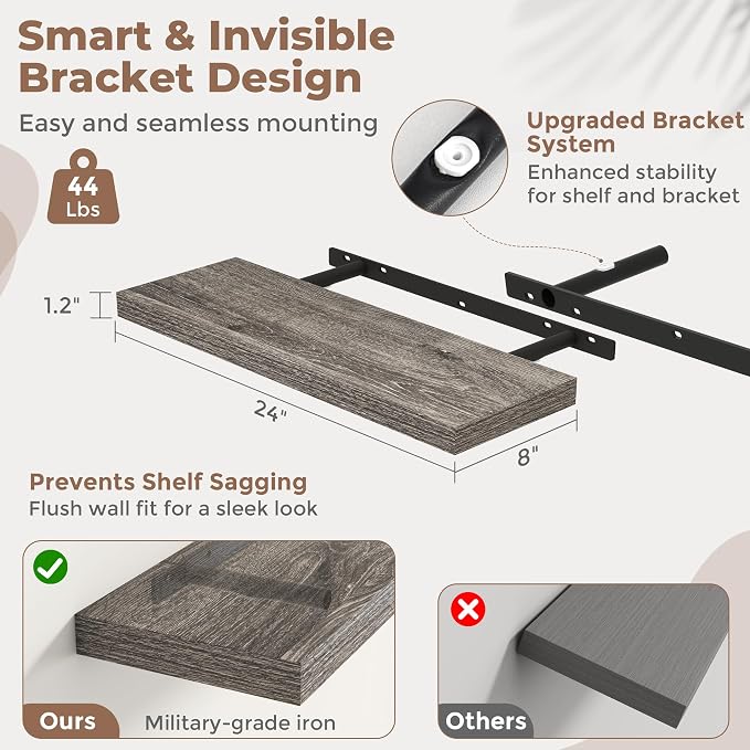 24 Inch Floating Shelves for Wall Set of 2, 8"D Wood Grain Bathroom Shelves with Invisible Brackets, Easy Install Engineered Wood Storage Shelves for Kitchen, Living Room, Bedroom, Grey Oak Finish