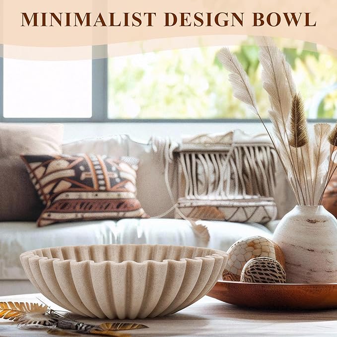 YMXYJM Large Decorative Bowl, Modern Handicraft Bowls for Home Decor, Decorative Fruit Bowl for Kitchen Counter, Ruffle Decor, Stylish Key Bowl for Entry Table, Artificial Stone Beige