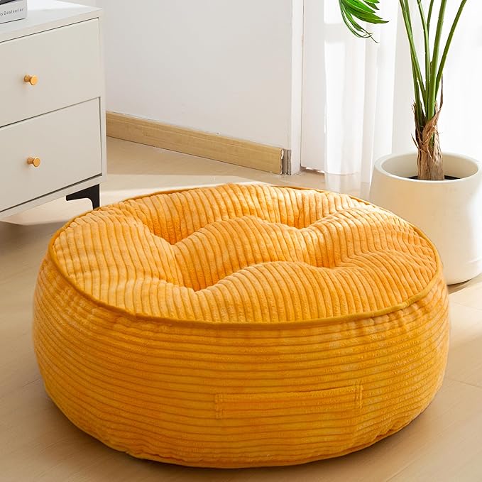 HIGOGOGO 8" Extra Thick Floor Pillow Cushion for Adults, Meditation Cushion Pillow, Large Round Floor Sitting, Tufted Corduroy Cover, for Tatami Living Room or Yoga, 22x22 Inch, Orange