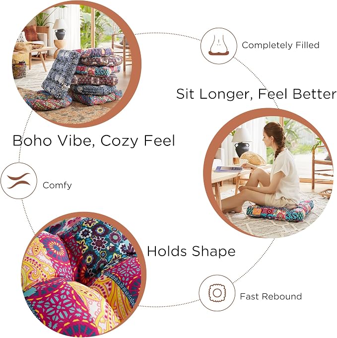 Codi Floor Cushions Seating for Adults and Teens Set of 2, Square Large Boho Pillows for Yoga Living Room Tatami Sitting Home Decor, Memory Foam Added, 22x22 Inch Multi Patchwork