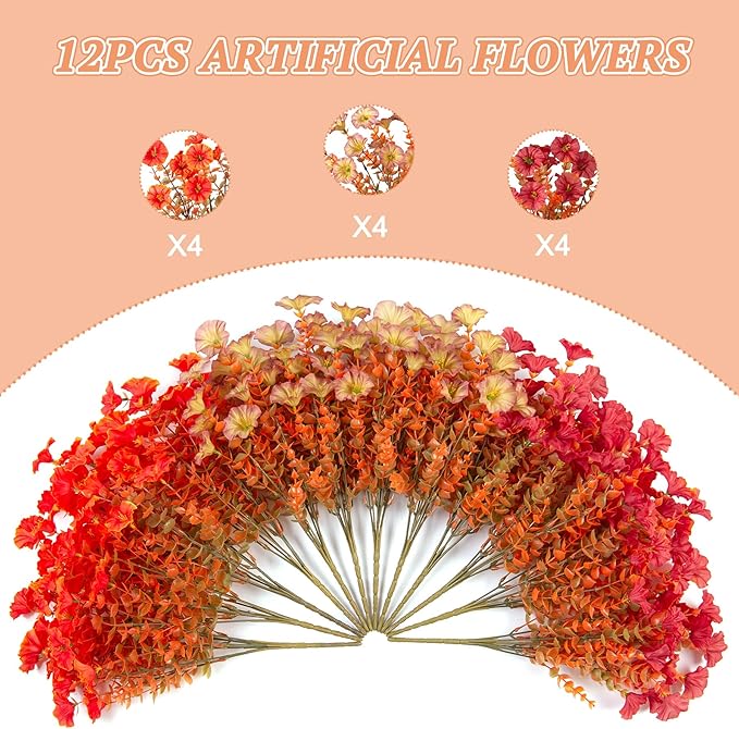 Hrobek Fall Artificial Flowers for Decoration, 12 Bundles Fake Autumn Flower Plants Petunias, Faux Silk Morning Glory Eucalyptus for Planter Garden Porch Front Door Window Box, Red Orange