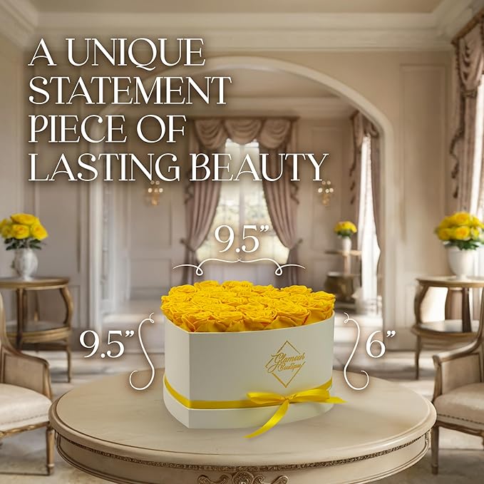 GLAMOUR BOUTIQUE Preserved Roses in a Box - Gifts for Her, Wife & Mom, Rose Flowers Forever Decor for Birthday Gift, Get Well Flower Bouquet Cased in White Box with Cover - Yellow - 27 (Color-Treated)