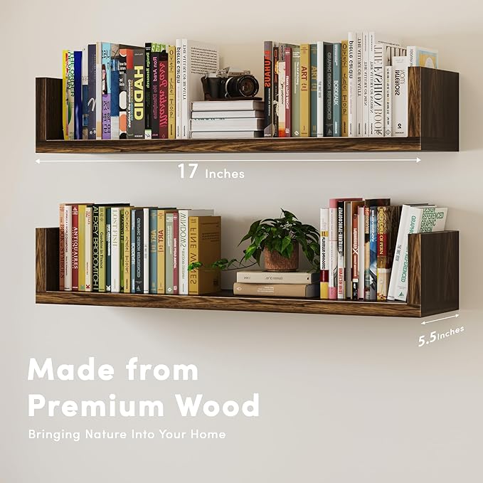 Wall Bookshelf, Set of 4, U Shaped Floating Bookshelf, Hanging Bookshelves for Wall, Wall Mounted Shelves for Living Room Bedroom Office (Brown, 17 Inches, 4)