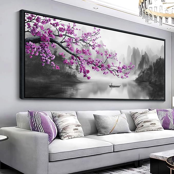 YDYSUNE Extra Large Purple Wall Art Decor for Living Room Bedroom Framed Black and White Landscape Full Moon Purple Flower Painting Canvas Picture Plum Blossom Artwork for Home Office 70x31IN