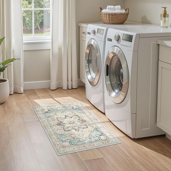 Tortania Area Rug 2x3 Doormat - Washable Vintage Oriental Farmhouse Soft Thin Indoor Carpet for Living Room Bedroom Hallway Entryway Kitchen - Aqua Multi