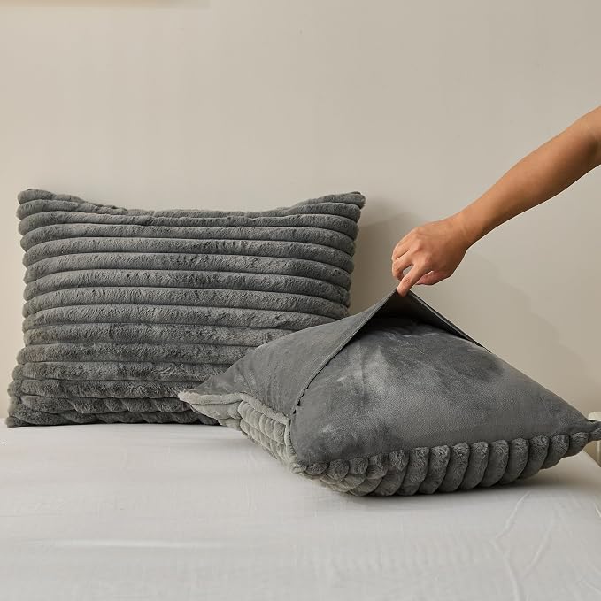 Simple&Opulence Fluffy Faux Fur Comforter Set, Plush Fuzzy Minky Bedding Set, 3 Pieces Warm Soft Comforter Bedding Set for Winter - 1 Shaggy Comforter with 2 Pillow Shams(King, Striped - Dark Grey)