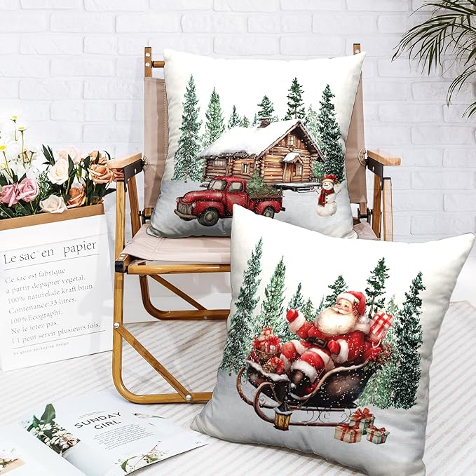 Christmas Santa Pillow Covers Set of 2 Snowy Cabin Red Truck Snowman Throw Pillow Covers Green Xmas Tree Pillowcase 16x16 Cotton Linen Cushion Case for Winter Holiday Home Decor