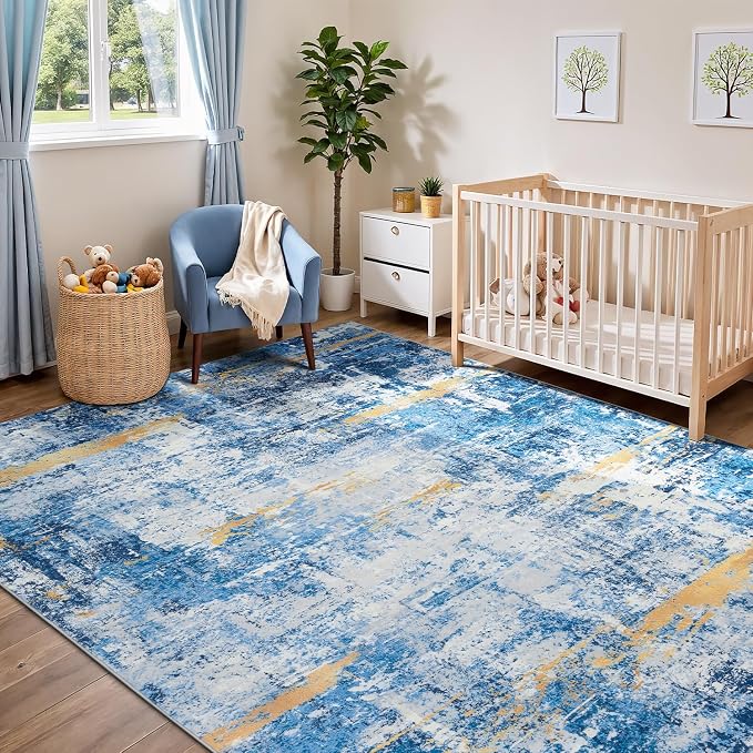 Rugflix 8x10 Area Rugs for Living Room, Washable Large Rug Stain-Resistant Low Pile, Modern Carpet for Dining Room Home Office Kid Room Nursery Bedroom, Blue Gold