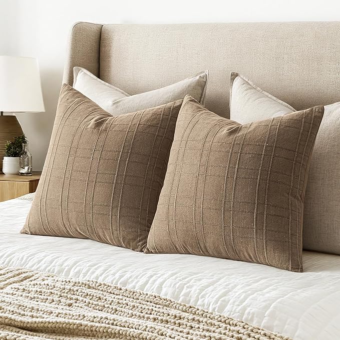 MIULEE Decorative Linen Check Euro Shams Throw Pillow Covers Neutral Farmhouse Vintage Pillow Covers 22x22 Set of 2 Boho Modern Winter Home Decor for Sofa Couch Bedroom Cushion Light Brown