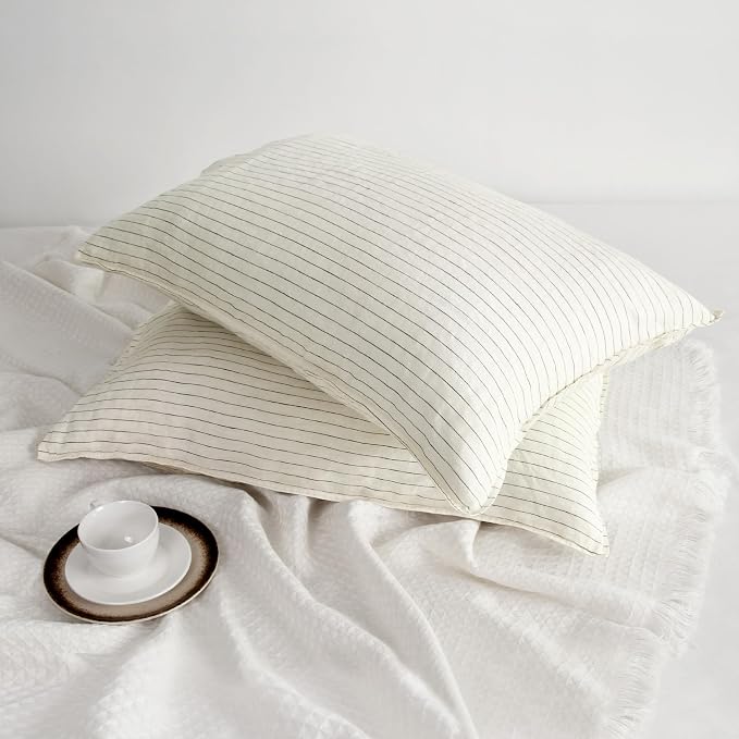 Striped Linen Pillow Cases Set of 2,20"x40" King Size,100% French Natural Flax Soft Linen Pillowcases,Olive Green Pinstripe