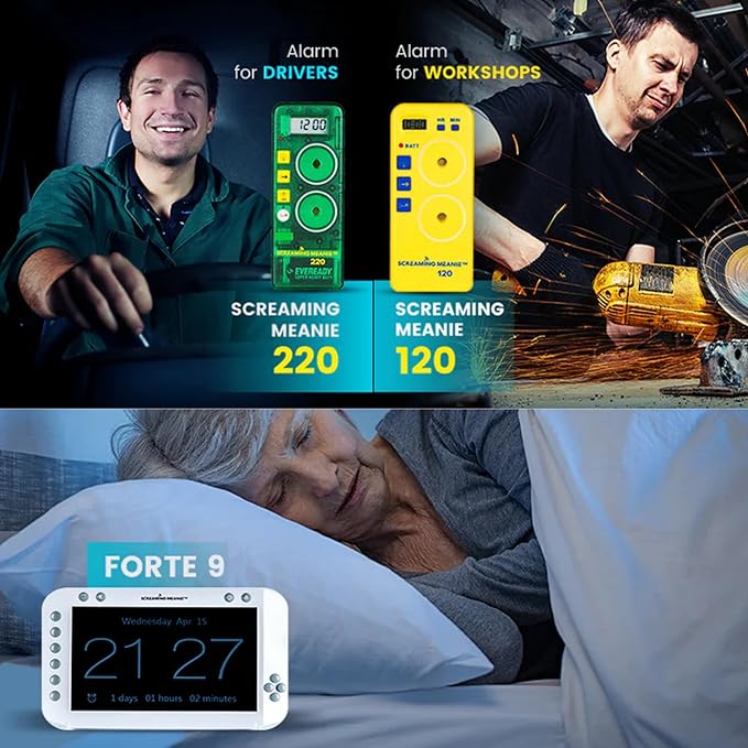 Screaming Meanie 220 Alarm Clock and Timer, Extremely Loud for Deep Sleepers, Multi-Purpose Clock, 3 Sound Levels (with 9v Battery Included) - Blue