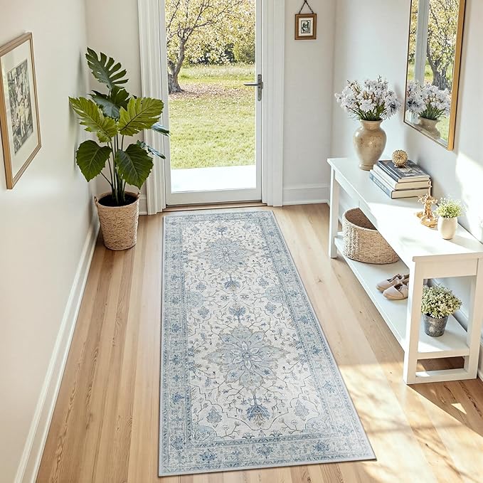 RELEANY Area Rugs 3'x7' Runner Rug Non Slip Washable for Kitchen Hallway Bedroom Beside Laundry Room Bathroom Rug, Floor Carpet, Light Blue Navy Beige Gray White
