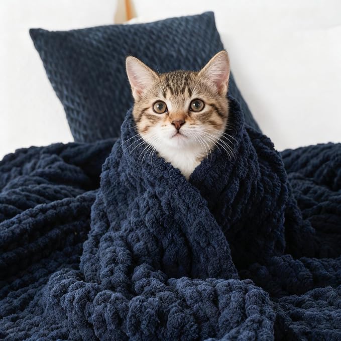 Battilo Navy Chunky Knit Throw Blanket, Soft and Thick Navy Blue Chenille Throw Blanket, 50"x60" Handmade Cable Knit Crochet Blanket, Rope Knot Knitted Throw Blankets for Couch Home Decor, Navy