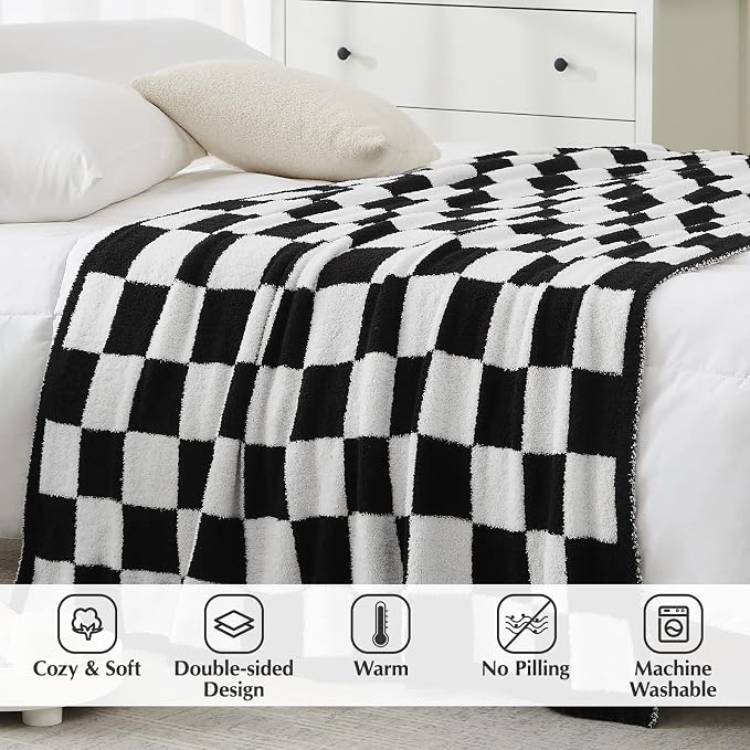 WRENSONGE Soft Checkered Throw Blanket for Couch-Cozy Warm Knitted Blankets | Lightweight Warm Fluffy Decor for Women, Mom, Her & Girls, Sofa, Chair, Bed, 50x70in, Black and White