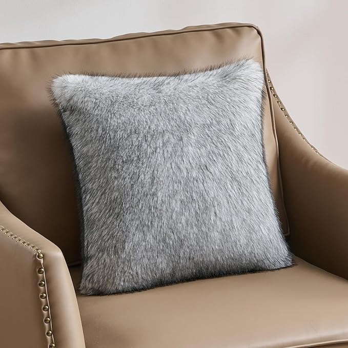 FUTEI Pack of 2 Faux Raccoon Fur Plush Throw Pillow Covers 18x18 Inch Soft Fluffy Farmhouse Decorative Cushion Case Modern Luxury Accent for Couch Bed Living Room, Black White