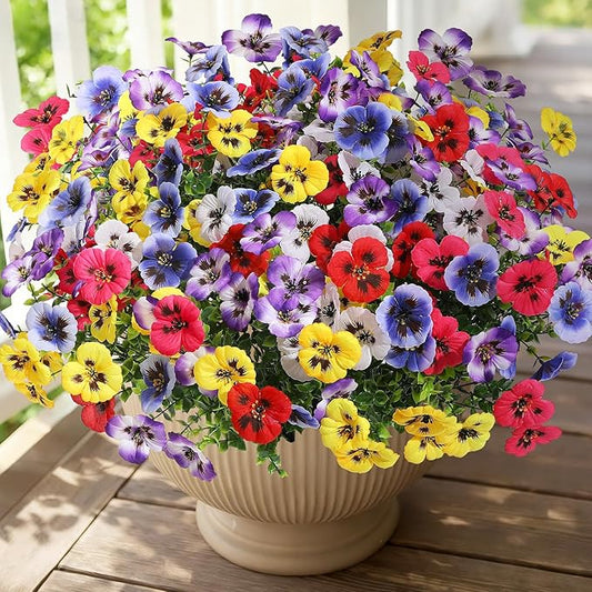 Alupssuc 24 Bundles Artificial Flowers for Outdoors, Fake Spring Flowers for Decoration, UV Resistant Realistic Pansies with Eucalyptus Silk Faux Flowers for Porch Patio Yard, 6 Mix Colors