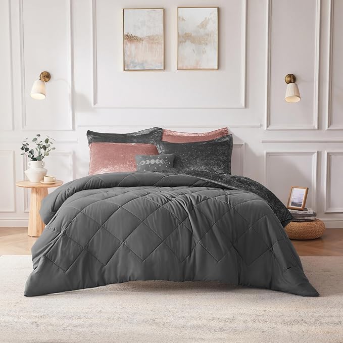 Intelligent Design Queen Duvet Cover Set, Velvet Queen Duvet Set, Luxury Diamond Quilting Grey Duvet Cover, Fluffy Duvet Cover with Decorative Pillow and 2 Shams, 4 Pieces, Grey, Full/Queen