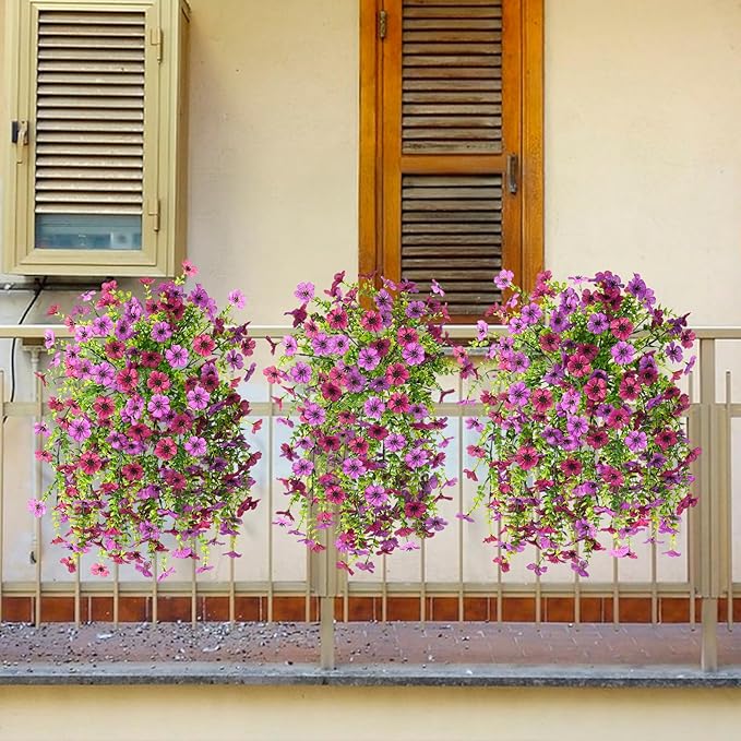ZFProcess Artificial Hanging Flowers for Outdoors Spring Decoration, 2PCS Silk Fake Daisy Realistic Outdoor Flowers UV Resistant Porch Patio Window Yard Decor(Light Purple Red)