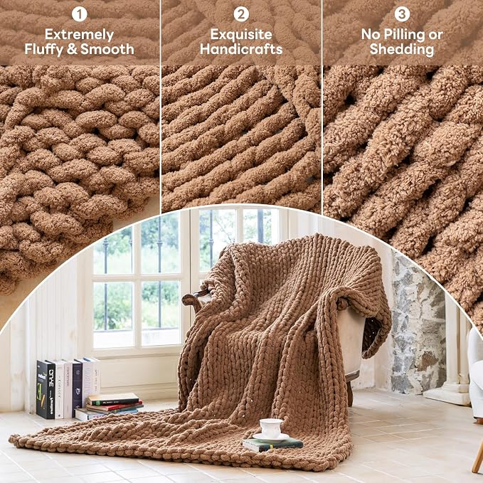 Chunky Knit Blanket - Luxury Soft Cozy 80 * 90 Throw Blanket,100% Woven Blanket Rope Knot Throw Blanket for Couch, Sofa, Home Decor, Gift - Machine Washable (Brown, 80 * 90)